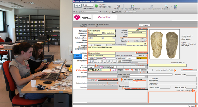 Affichage d’un écran de l’application "Collection" du Service Archéologique Départemental des Yvelines, permettant de voir la richesse et la multitude de champs à saisir pour un objet.