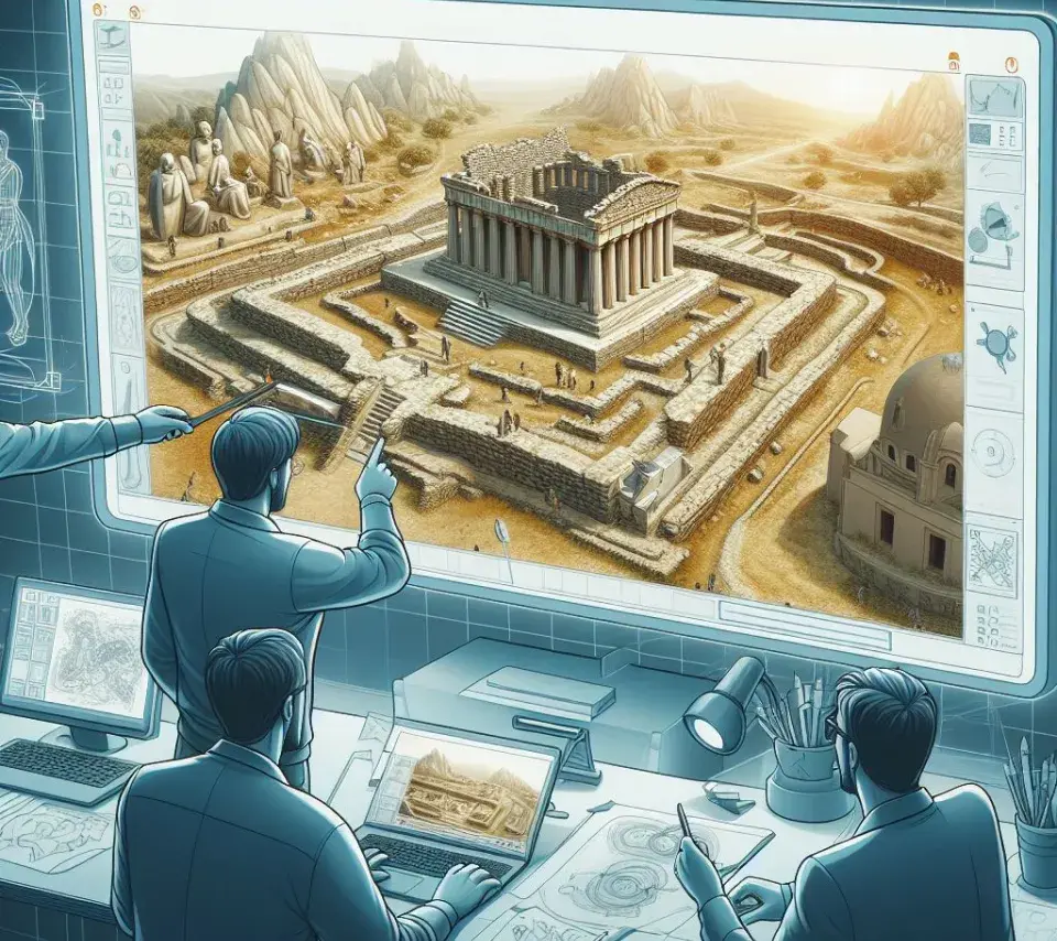 Image générée par l'IA représentant des archéologues en train de travailler sur une modélisation en 3D Image générée par l'IA (Bing Image Creator) représentant des archéologues en train de travailler sur une modélisation en 3D