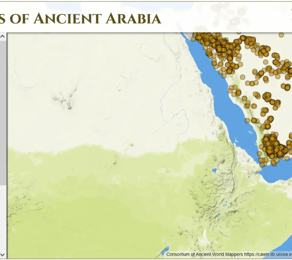 Capture d'écran du projet Digital Atlas of Ancient Arabia, montrant la Péninsule arabique et les sites archéoligiques du premier millénaire avant notre ère au septième siècle de notre ère, sous forme de points géoréférencés. 