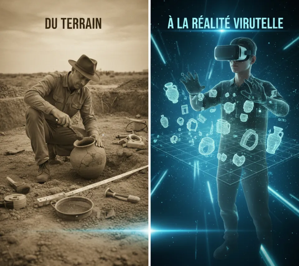 Composition en miroir montrant l'évolution de l'archéologie : à gauche, un archéologue fouille un vase ancien sur le terrain (tons sépia) ; à droite, un utilisateur de casque de réalité virtuelle manipule des modèles 3D d'objets antiques sous forme de réseaux de points lumineux (tons bleus technologiques).