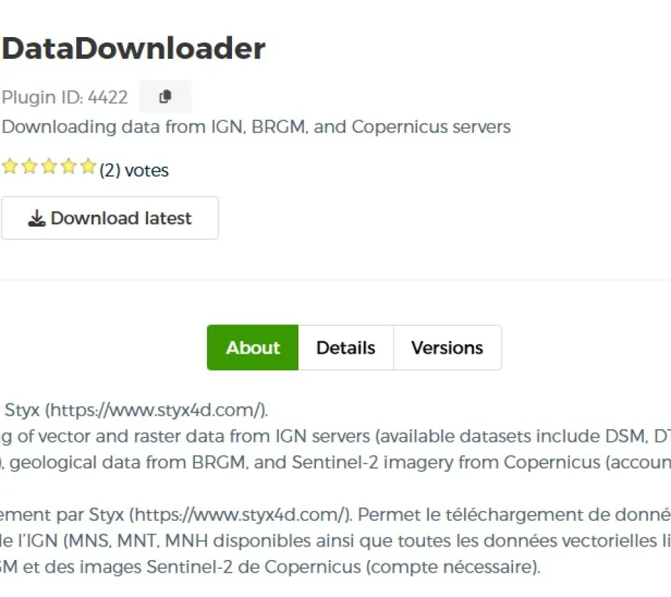 Capture d'écran de la page de download du plugin sur le site QGIS