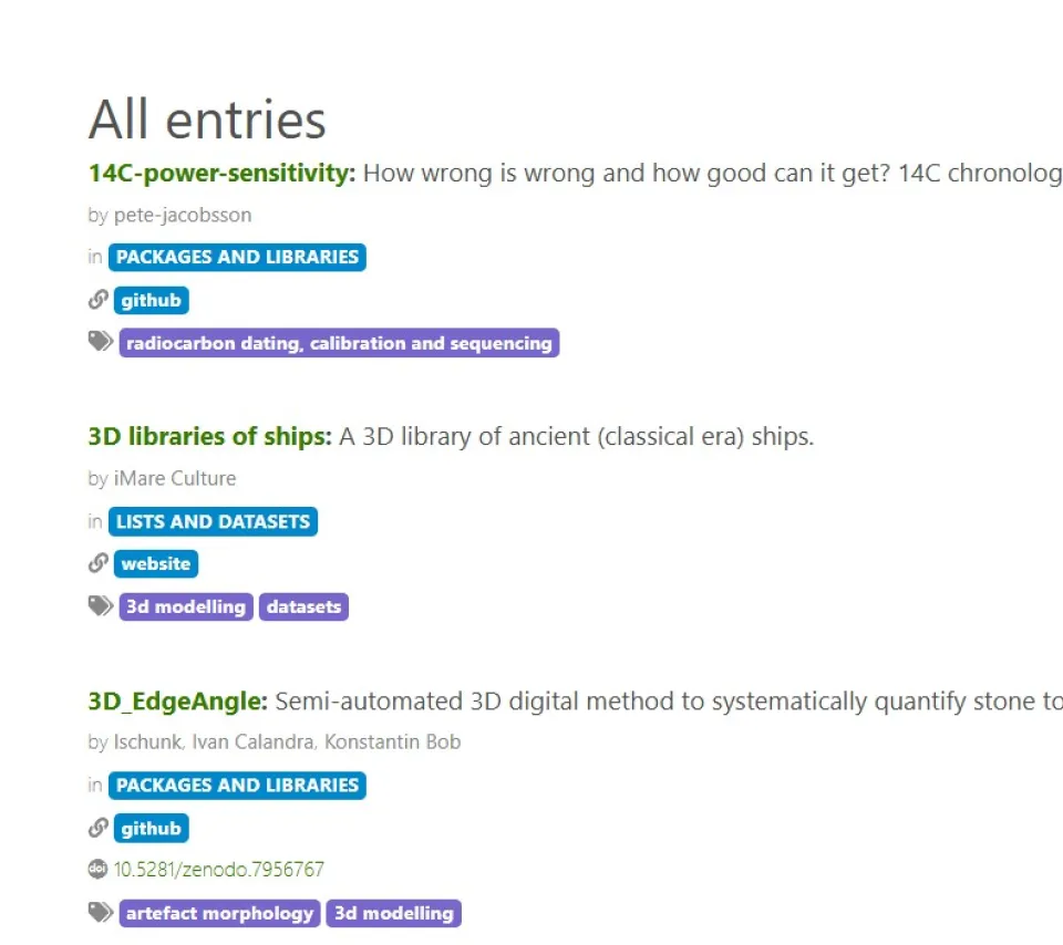 Capture d'écran de la page d'accueil du site Open-Archaeo - A list of open source archaeological software and resources