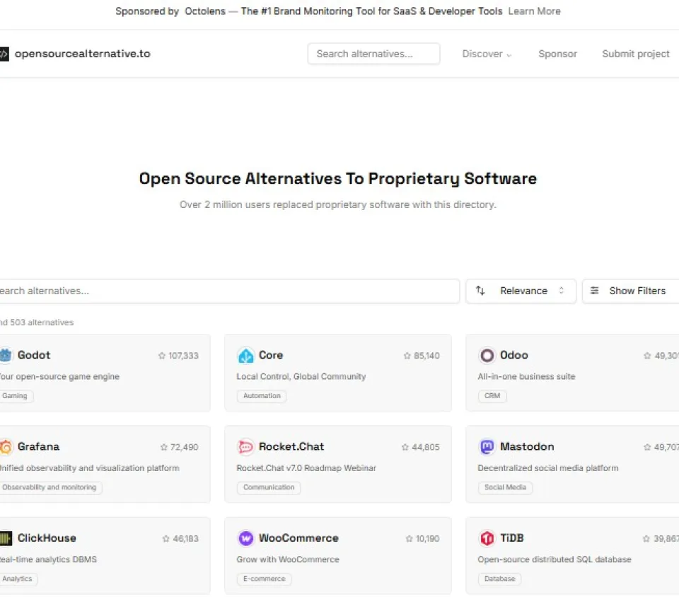 Capture d'écran de la page d'accueil du portail Open Source Alternatives