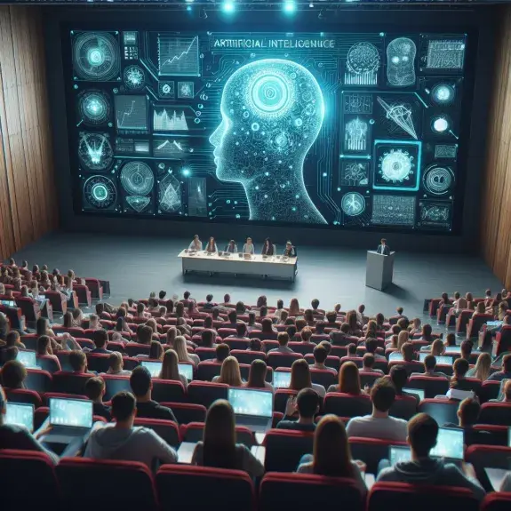 Image réalisée par Intelligence Artificielle générative et montrant un amphithéâtre rempli d'étudiants assistant à une présentation sur l'IA.
