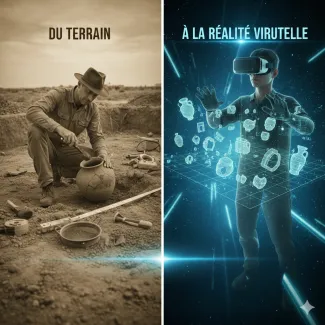 Composition en miroir montrant l'évolution de l'archéologie : à gauche, un archéologue fouille un vase ancien sur le terrain (tons sépia) ; à droite, un utilisateur de casque de réalité virtuelle manipule des modèles 3D d'objets antiques sous forme de réseaux de points lumineux (tons bleus technologiques).